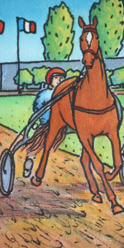 Cheval de course et attelage | Aquarelle | 20x24