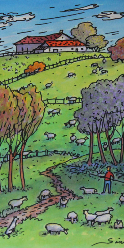 Le berger et ses moutons | Aquarelle | 195x325