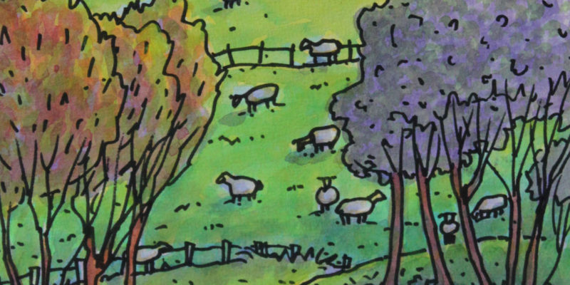 Le berger et ses moutons | Aquarelle | 195x325