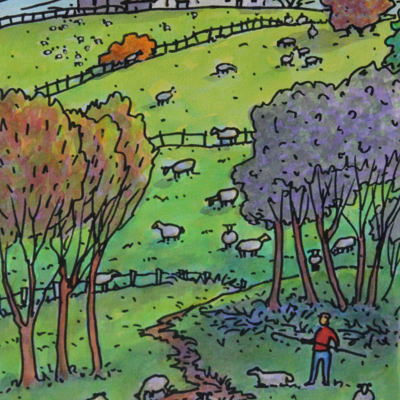 Le berger et ses moutons | Aquarelle | 195x325